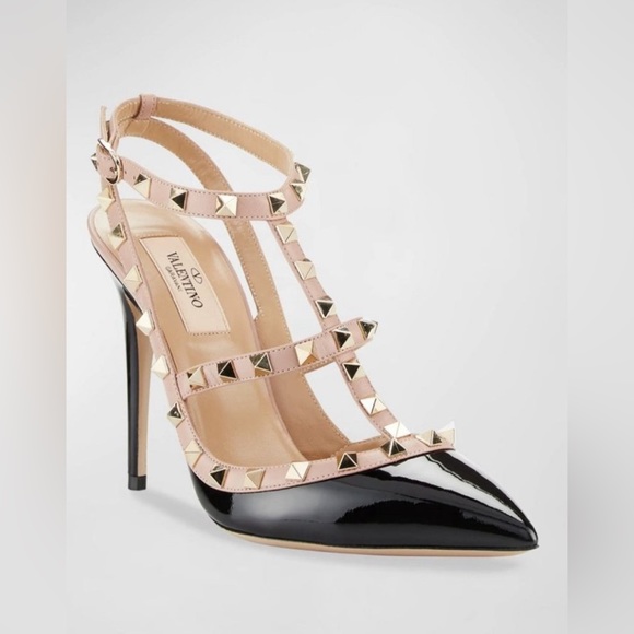 Valentino Garavani Shoes - VALENTINO ROCKSTUD ‘100 Pumps’ Gold Studded Slingback Heels Nude/ Black. Sz 37 🔥